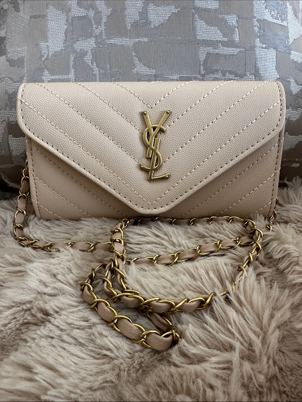 “Saint Laurent” Beige Quilted Envelope Crossbody with Gold Hardware